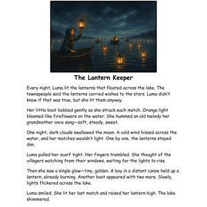 Puede incluir: Una hoja de trabajo de comprensi&oacute;n de lectura titulada "Analizar visuales" con una ilustraci&oacute;n de una persona en un bote sosteniendo una linterna en un lago por la noche. El texto debajo de la imagen es "El guardi&aacute;n de la linterna".