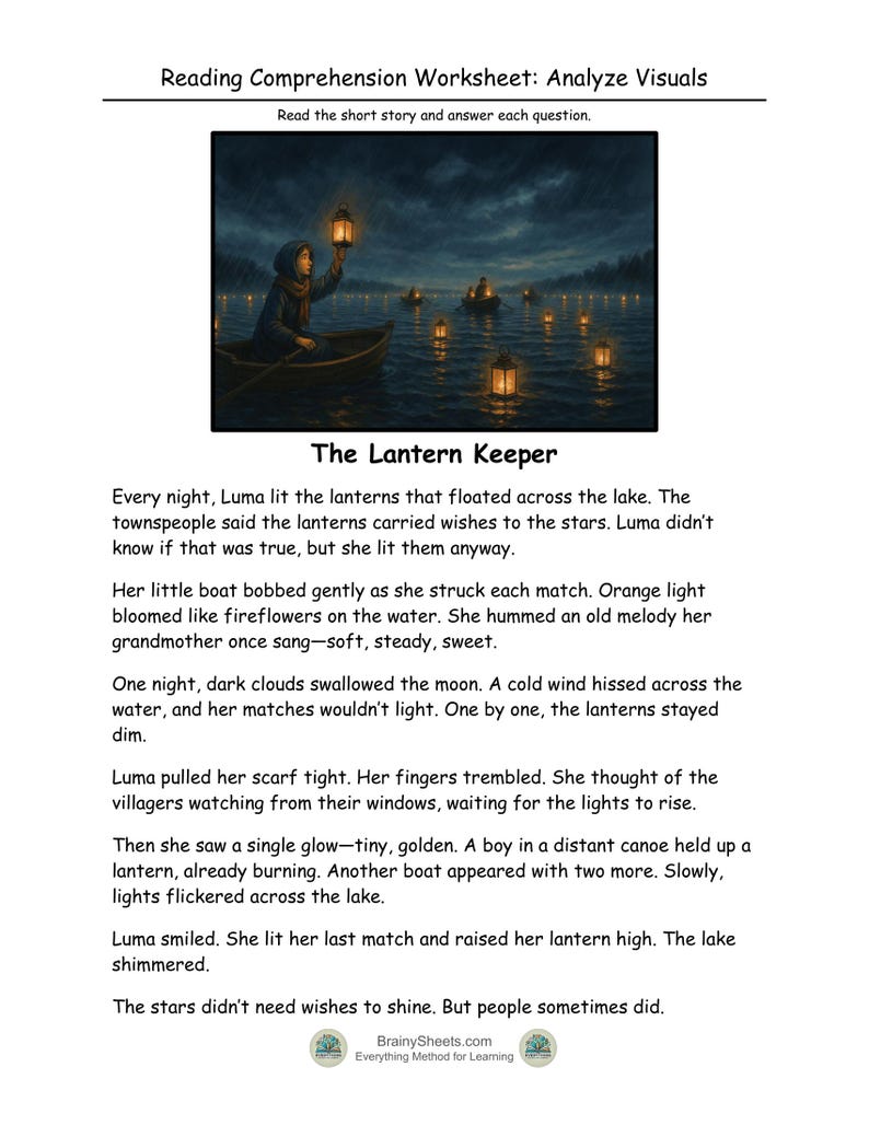 Puede incluir: Una hoja de trabajo de comprensi&oacute;n de lectura titulada "Analizar visuales" con una ilustraci&oacute;n de una persona en un bote sosteniendo una linterna en un lago por la noche. El texto debajo de la imagen es "El guardi&aacute;n de la linterna".