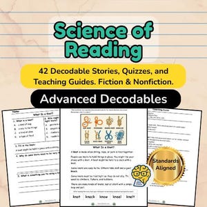 May include: Educational materials for reading, featuring the title "Science of Reading." The image includes worksheets, quizzes, and teaching guides. The text highlights "42 Decodable Stories, Quizzes, and Teaching Guides. Fiction & Nonfiction."