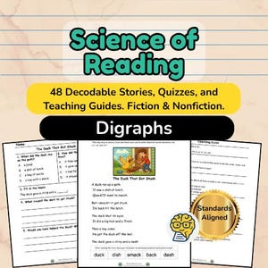 May include: Educational resources for early literacy, titled "Science of Reading" and featuring the word "Digraphs." Includes worksheets with stories, quizzes, and teaching guides. The image shows a story about a duck, with the text "The Duck That Got Stuck."