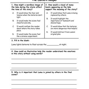 Puede incluir: Una hoja de trabajo titulada "The Lantern Keeper" con preguntas sobre una historia. Las preguntas son de opci&oacute;n m&uacute;ltiple y de completar. La hoja de trabajo es para fines educativos e incluye el sitio web BrainySheets.com.