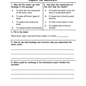 May include: A white worksheet titled "Explore the Rainforest!" with questions about the water cycle. The worksheet includes multiple-choice and fill-in-the-blank questions. The BrainySheets.com logo is at the bottom.