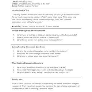 Puede incluir: Una Gu&iacute;a para padres y maestros con texto sobre una historia de fantas&iacute;a inspirada en cuentos. La gu&iacute;a incluye preguntas de discusi&oacute;n y una idea de actividad para que los estudiantes analicen escenas a trav&eacute;s de ilustraciones sin palabras, enfoc&aacute;ndose en la luz, el color y la expresi&oacute;n.