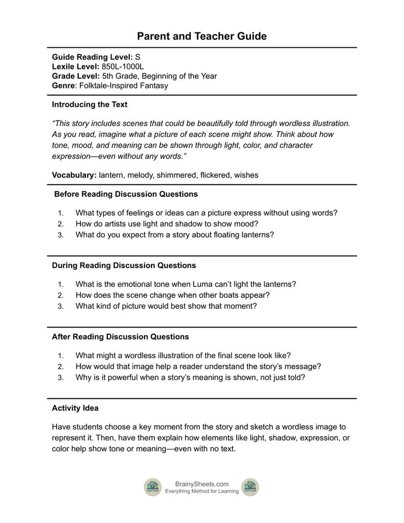 Puede incluir: Una Gu&iacute;a para padres y maestros con texto sobre una historia de fantas&iacute;a inspirada en cuentos. La gu&iacute;a incluye preguntas de discusi&oacute;n y una idea de actividad para que los estudiantes analicen escenas a trav&eacute;s de ilustraciones sin palabras, enfoc&aacute;ndose en la luz, el color y la expresi&oacute;n.
