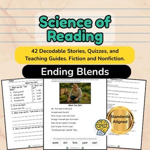 May include: Educational resources for reading, with the title "Science of Reading" in green. Includes decodable stories, quizzes, and teaching guides. The image shows worksheets with the title "Ending Blends" and the text "Work the Dirt".