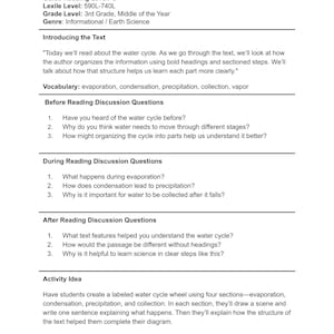 May include: A white document titled "Parent and Teacher Guide" with information about the water cycle. Includes discussion questions and an activity idea for students. The guide is for 3rd grade students.