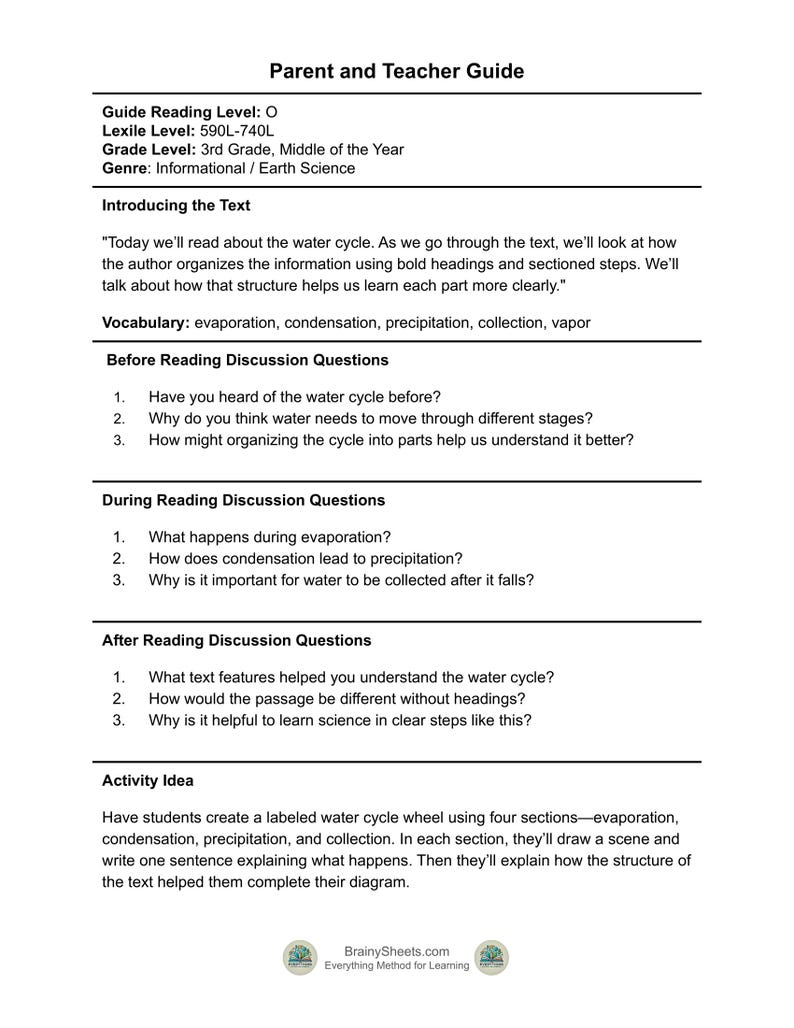 May include: A white document titled "Parent and Teacher Guide" with information about the water cycle. Includes discussion questions and an activity idea for students. The guide is for 3rd grade students.