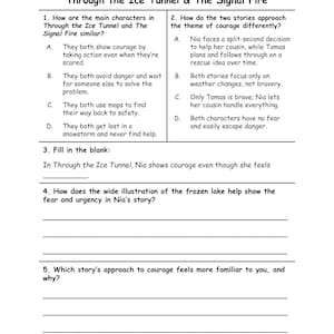 Puede incluir: Una hoja de trabajo blanca titulada "Through the Ice Tunnel & The Signal Fire" con preguntas sobre el coraje y el an&aacute;lisis de historias. La hoja de trabajo incluye preguntas de opci&oacute;n m&uacute;ltiple y de completar, con el logotipo de BrainySheets.com en la parte inferior.