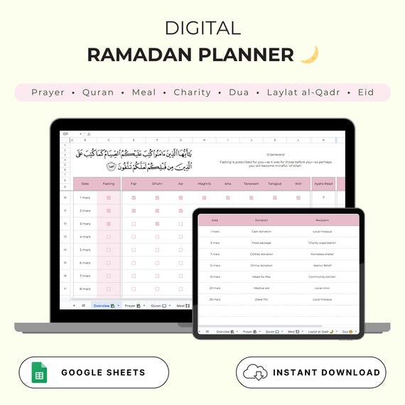 Digital Ramadan Planner | Quran Tracker | Meal Planner | Prayer Tracker | Dua Tracker | Eid al-Fitr | Ramadan Spreadsheet | Google Sheets