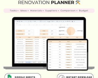 May include: A Google Sheets spreadsheet template for home renovation planning. The spreadsheet includes columns for task, project, responsible person, start date, due date, cost, status, and notes. The spreadsheet is displayed on a laptop screen with a cloud download icon and the text "Instant Download" below it.