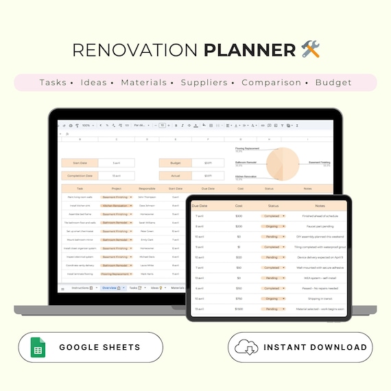 Renovation Spreadsheet | Home Renovation Planner | Renovation Tracker | Renovation Template | Renovation Checklist | Home Renovation Budget