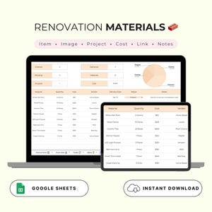 May include: A Google Sheets spreadsheet template for tracking renovation materials. The spreadsheet includes columns for item, image, project, cost, link, and notes. The spreadsheet is organized into categories such as white wall paint, wood planks, ceramic tiles, kitchen faucet, LED light fixtures, bathroom sink, smart thermostat, and closet shelving. The spreadsheet also includes a pie chart showing the percentage of materials that have been ordered, pending, shipped, and delivered.