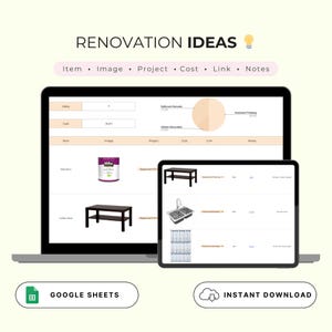 May include: A screenshot of a Google Sheet spreadsheet with a list of renovation ideas. The spreadsheet includes columns for item, image, project, cost, link, and notes. The image shows a paint can, a coffee table, a kitchen sink, and a shower curtain.