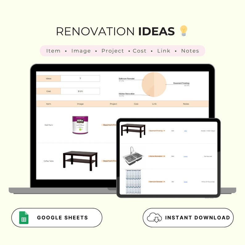 May include: A screenshot of a Google Sheet spreadsheet with a list of renovation ideas. The spreadsheet includes columns for item, image, project, cost, link, and notes. The image shows a paint can, a coffee table, a kitchen sink, and a shower curtain.