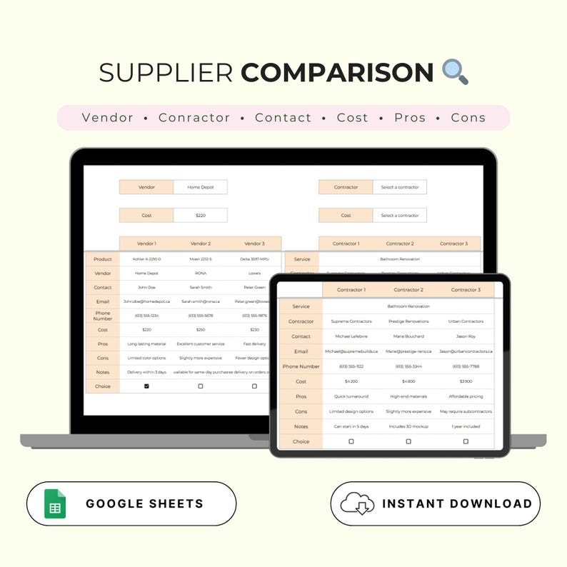May include: A screenshot of a Google Sheet spreadsheet comparing different vendors and contractors. The spreadsheet includes columns for vendor name, contact information, cost, pros, and cons. The spreadsheet is titled "Supplier Comparison".