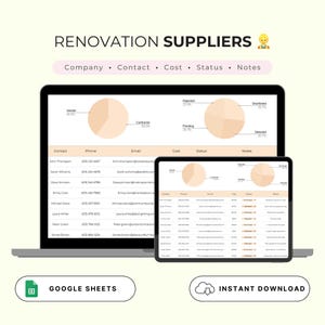 May include: A Google Sheets spreadsheet template for managing renovation suppliers. The spreadsheet includes columns for company name, contact information, cost, status, and notes. The spreadsheet also includes a pie chart showing the percentage of suppliers in each status category.