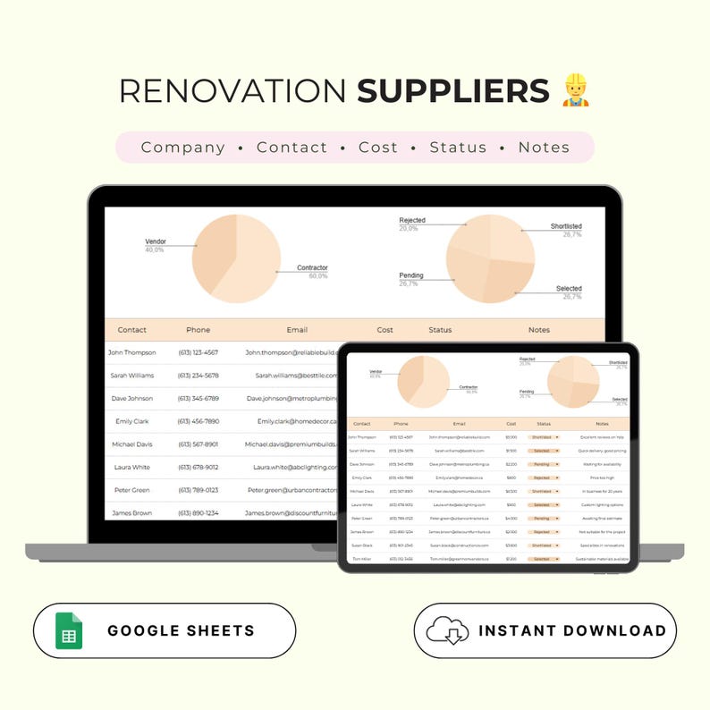 May include: A Google Sheets spreadsheet template for managing renovation suppliers. The spreadsheet includes columns for company name, contact information, cost, status, and notes. The spreadsheet also includes a pie chart showing the percentage of suppliers in each status category.