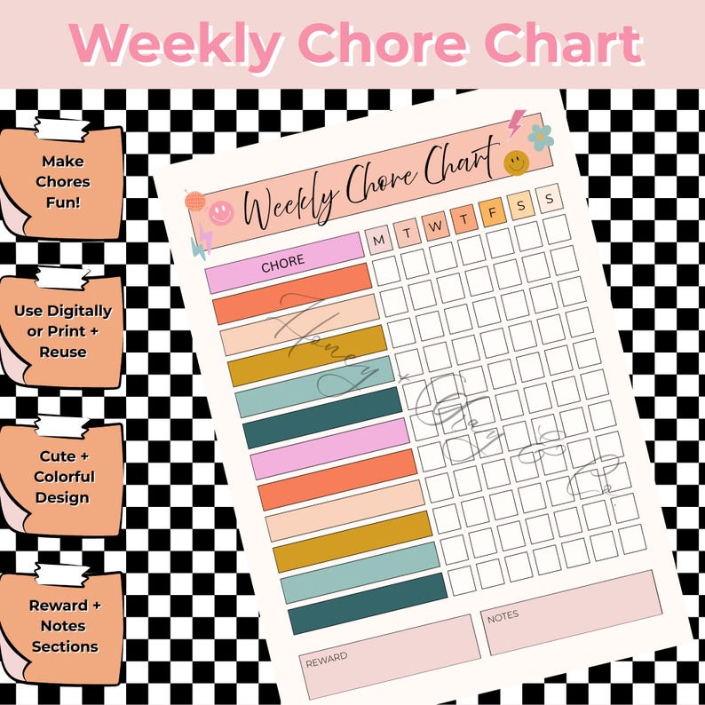 Girly Weekly Chore Chart for Kids | Digital Download | Colorful Chore ...
