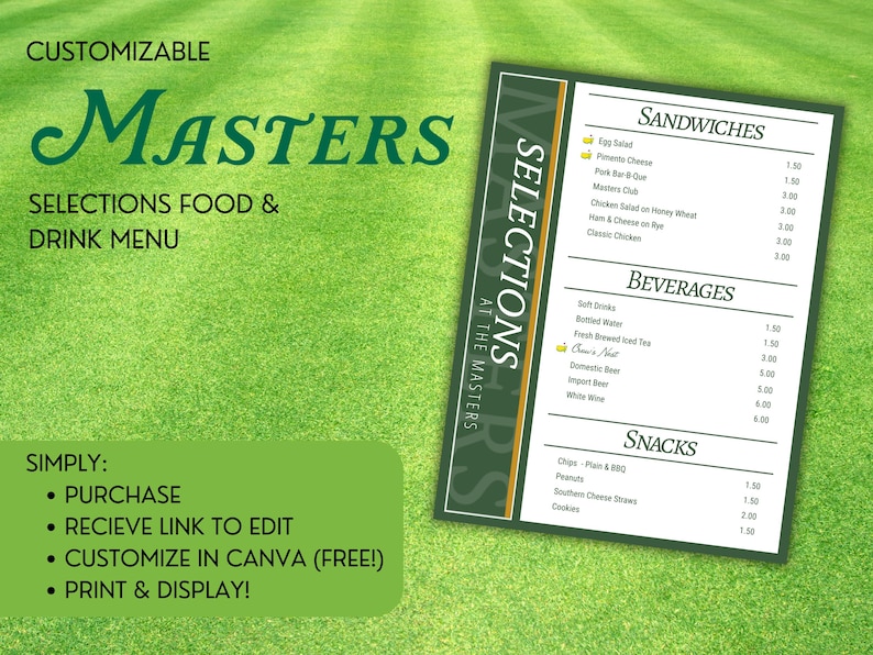 Masters Menu Printable | Editable Canva Template | Golf Party Menu ...