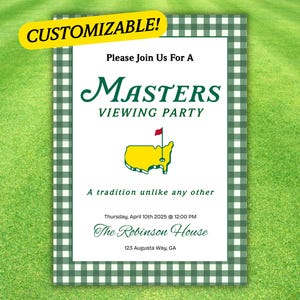 Könnte beinhalten: Eine anpassbare Einladung für eine Masters Viewing Party. Das Design zeigt einen grün-weißen Vichy-Rand mit dem Text "Masters Viewing Party" und enthält eine Karte des Golfplatzes. Die Einladung enthält auch Datum, Uhrzeit und Ort.