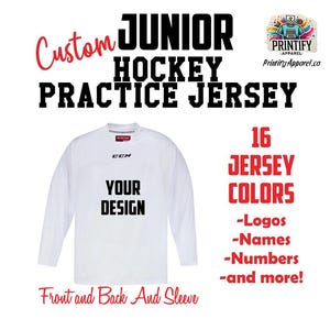 May include: White hockey practice jersey with long sleeves. The jersey features the text "Custom Junior Hockey Practice Jersey" and "CCM" on the front. The text "Your Design" is also on the front of the jersey. The jersey is available in 16 colours and can be customised with logos, names, numbers, and more.