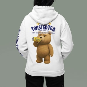 May include: White hoodie with the "Twisted Tea" logo and a cartoon bear drinking from a can. The back of the hoodie displays the text "Twisted Tea Hard Iced Tea Hits Harder Than You Think". The left sleeve has the text "Be a Little Twisted".