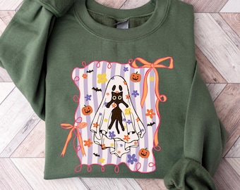 Coquette Bow Halloween Sweatshirt, Cute Ghost Halloween Tee, Coquette Pink Bow Ghost TShirt, Pink Ghost Shirt, Girly Halloween,Spooky Season