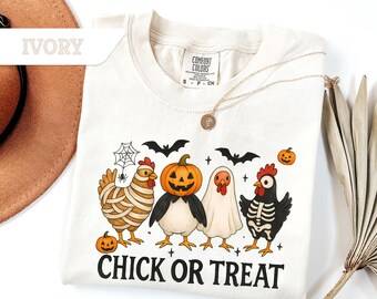 Comfort Colors®Halloween Chick or Treat Tshirt, Halloween Chicken Tshirt, Halloween Funny Chicken Shirt, Ghost Chicken Tee,Spooky SEason