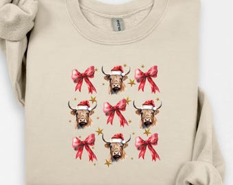 Christmas Coquette Cow Sweatshirt, Cute Cow Gift Tee, Funny Christmas Shirt, Highland Cow Sweater, Farm Christmas Shirt, Bow Christmas Tee
