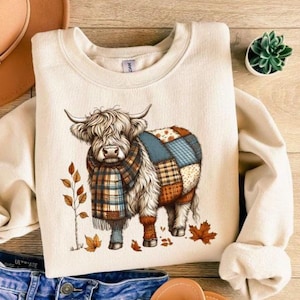 Cute Thanksgiving Fall Patchwork Cow Sweatshirt, Fall Season Tee, Thankful Sweatshirt, Thanksgiving Season Shirt, Fall Cow Hoodies