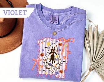 Comfort Colors®Coquette Bow Halloween Tee, Cute Ghost Halloween Tee, Coquette Pink Bow Ghost TShirt, Pink Ghost Shirt, Girly Spooky Season