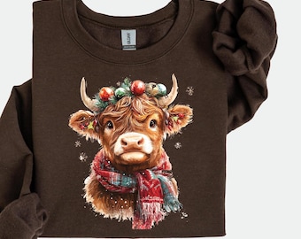 Sudadera navideña de vaca, suéter con luces de vaca, sudadera de vaca para mujer, camiseta para amantes de las vacas, sudadera navideña, cuello redondo de vaca de las Tierras Altas, Navidad en la granja