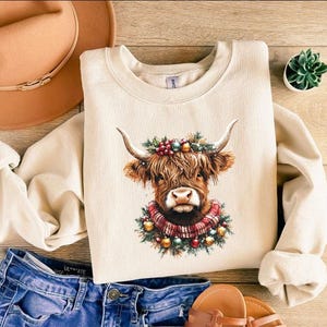 Pu&ograve; includere: Felpa color crema con illustrazione di una mucca delle Highlands con ghirlanda e sciarpa festive. La mucca ha lunghi peli marroni e corna. Il design include ornamenti natalizi. La felpa &egrave; abbinata a jeans blu e un cappello marrone.