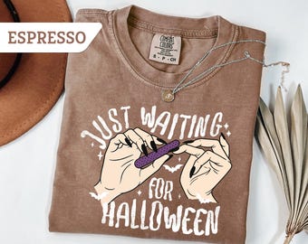 Comfort Colors®Just Waiting for Halloween Tee, Funny Skeleton Pumpkin Tee, Spooky Fall Tshirt, Retro Halloween Shirt, Spooky Season Tshirt