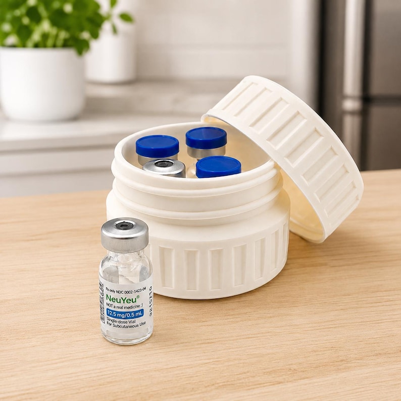 May include: A white, cylindrical container with a removable lid, holding several small vials with blue and silver caps. A single vial with the text "NeuYeu" is in front of the container. The vials are for subcutaneous use.