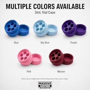 May include: A product image showcasing 3mL vial cases in various colors: blue, sky blue, purple, pink, and maroon. Each case has six circular openings and a matching lid. The text "MULTIPLE COLORS AVAILABLE" and "3mL Vial Case" are displayed.