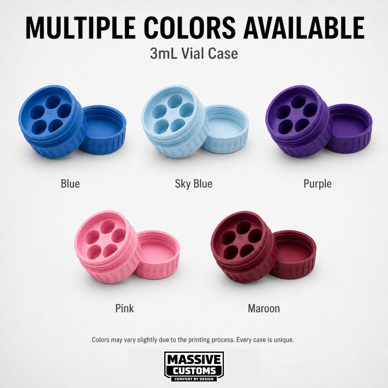 May include: A product image showcasing 3mL vial cases in various colors: blue, sky blue, purple, pink, and maroon. Each case has six circular openings and a matching lid. The text "MULTIPLE COLORS AVAILABLE" and "3mL Vial Case" are displayed.