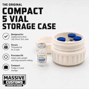 May include: A white, compact 5-vial storage case with a threaded lid, designed for 3mL vials. The case is open, revealing vials with blue caps. The image includes text: "Compact 5 Vial Storage Case" and "Massive Customs".