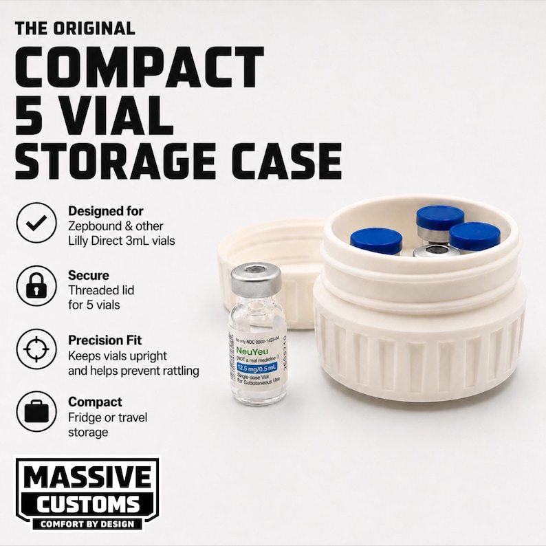 May include: A white, compact 5-vial storage case with a threaded lid, designed for 3mL vials. The case is open, revealing vials with blue caps. The image includes text: "Compact 5 Vial Storage Case" and "Massive Customs".