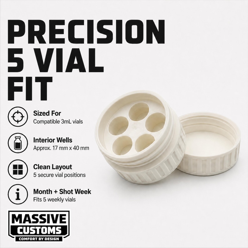 May include: Off-white Precision 5 Vial Fit container with a matching lid. The container has five circular wells, designed for 3mL vials. The interior wells are approximately 0.67 inches by 1.57 inches. The text on the image says "Precision 5 Vial Fit".