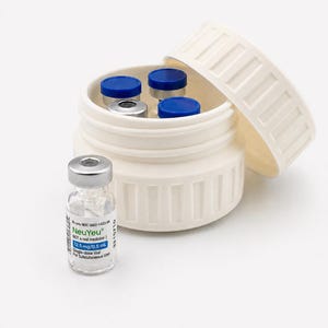 May include: A white, cylindrical container with a partially open lid, holding several small vials with blue and silver caps. A single vial with the text "NeuYeu" is in front of the container. The vials are for subcutaneous use.