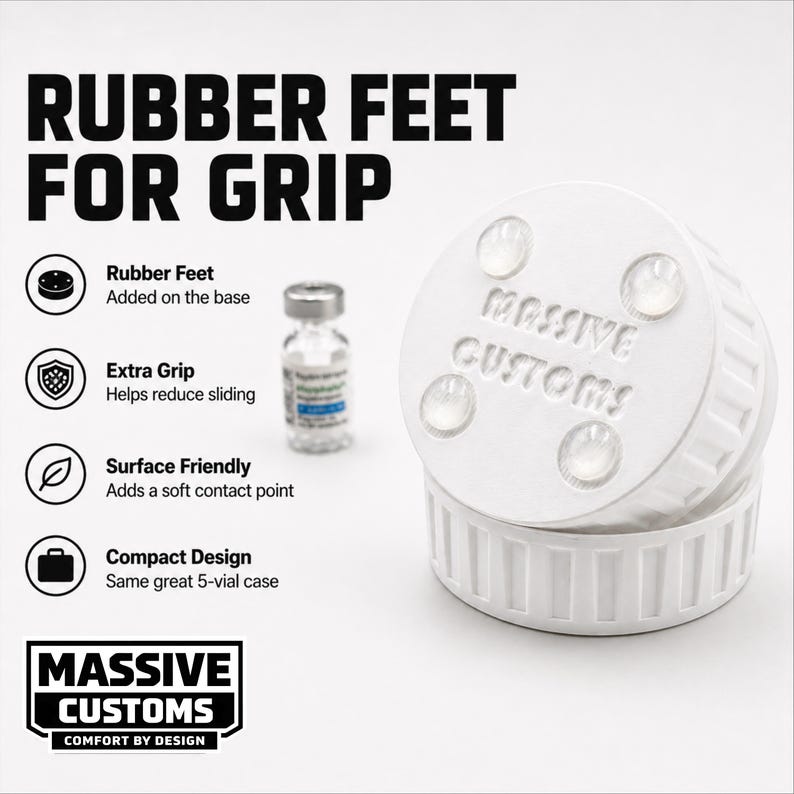 May include: White, cylindrical case with the text "MASSIVE CUSTOMS" and "RUBBER FEET FOR GRIP". The case has rubber feet and is designed for extra grip. A small vial is also visible.