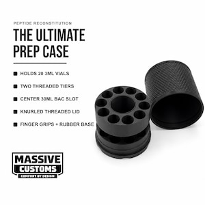 May include: A black cylindrical peptide prep case with a knurled threaded lid. The case features two threaded tiers designed to hold 20 3ml vials and a center slot for a 30ml bac vial. It includes finger grips and a rubber base for stability.