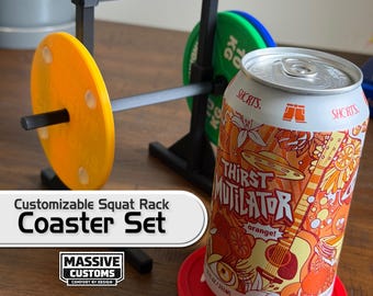 Olympic Weight Plate Coaster Set with Mini Barbell and Customizable  Squat Rack