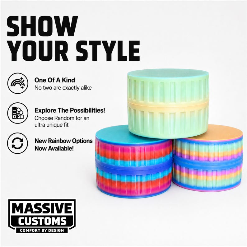 May include: Three colorful, cylindrical containers with a ribbed design. One is green and yellow, another is blue and red, and the third is orange and rainbow-colored. Text on the image reads "SHOW YOUR STYLE" and "MASSIVE CUSTOMS."