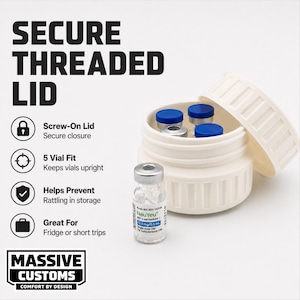 May include: A white, screw-top container with a secure threaded lid, designed to hold five vials. The container is open, revealing blue-capped vials inside. The image also shows a single vial with the text "NeuYeu". The text on the image says "Secure Threaded Lid".