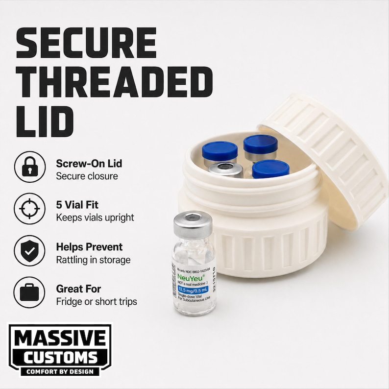 May include: A white, screw-top container with a secure threaded lid, designed to hold five vials. The container is open, revealing blue-capped vials inside. The image also shows a single vial with the text "NeuYeu". The text on the image says "Secure Threaded Lid".