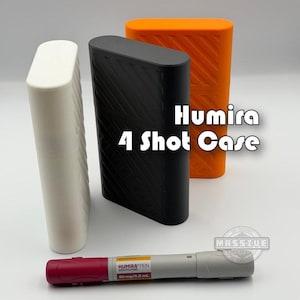 May include: Three rectangular Humira 4 Shot Cases in white, black, and orange, with a diagonal textured pattern. A Humira Pen is in the foreground. The pen is red and gray with text.