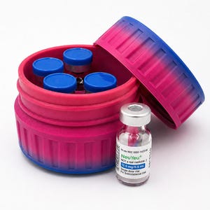 May include: A pink and blue gradient container with a hinged lid, holding four small vials with blue caps. A single vial with a silver cap and the text "NeuYeu" is next to the container. The vial contains 12.5 mg/0.5 mL and is for subcutaneous use.