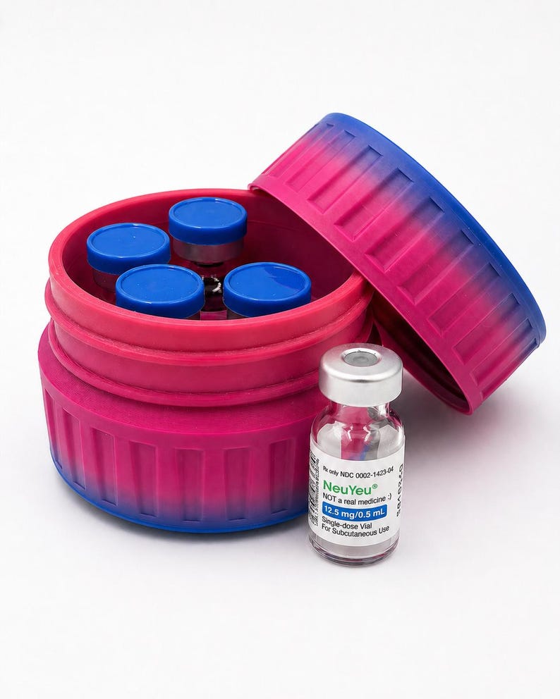 May include: A pink and blue gradient container with a hinged lid, holding four small vials with blue caps. A single vial with a silver cap and the text "NeuYeu" is next to the container. The vial contains 12.5 mg/0.5 mL and is for subcutaneous use.